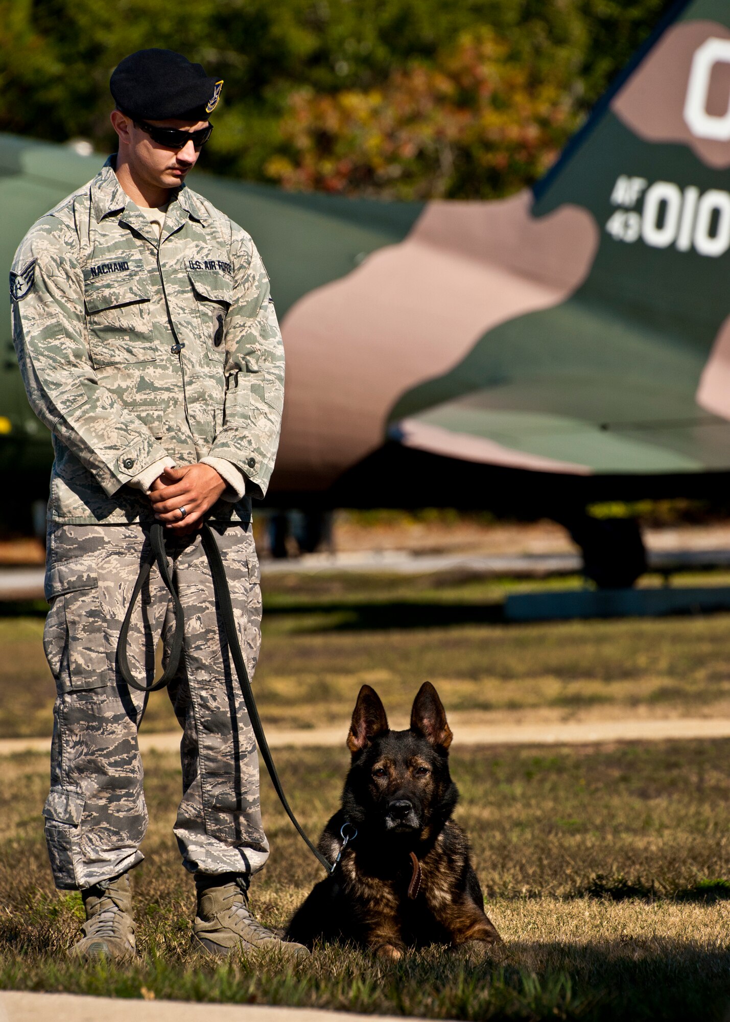 Staff Sgt. Donald Nachand, a 96th Security Forces Squadron dog handler, and his K-9, Jimmy, attended the military working dog memorial ceremony held for IQ, one of Eglin’s K-9s, at the Air Force Armament Museum, Dec. 1.  IQ died unexpectedly Nov. 6 of bloat, a stomach condition.  He joined the Air Force in March 2010 and came to Eglin in Nov.  2010.  He was fully trained and qualified by his partner, Staff Sgt. Brandon Hardy, of the 96th SFS, in May.  At the memorial, Hardy said IQ’s name fit him perfectly and he served his country well.  (U.S. Air Force photo/Samuel King Jr.)
