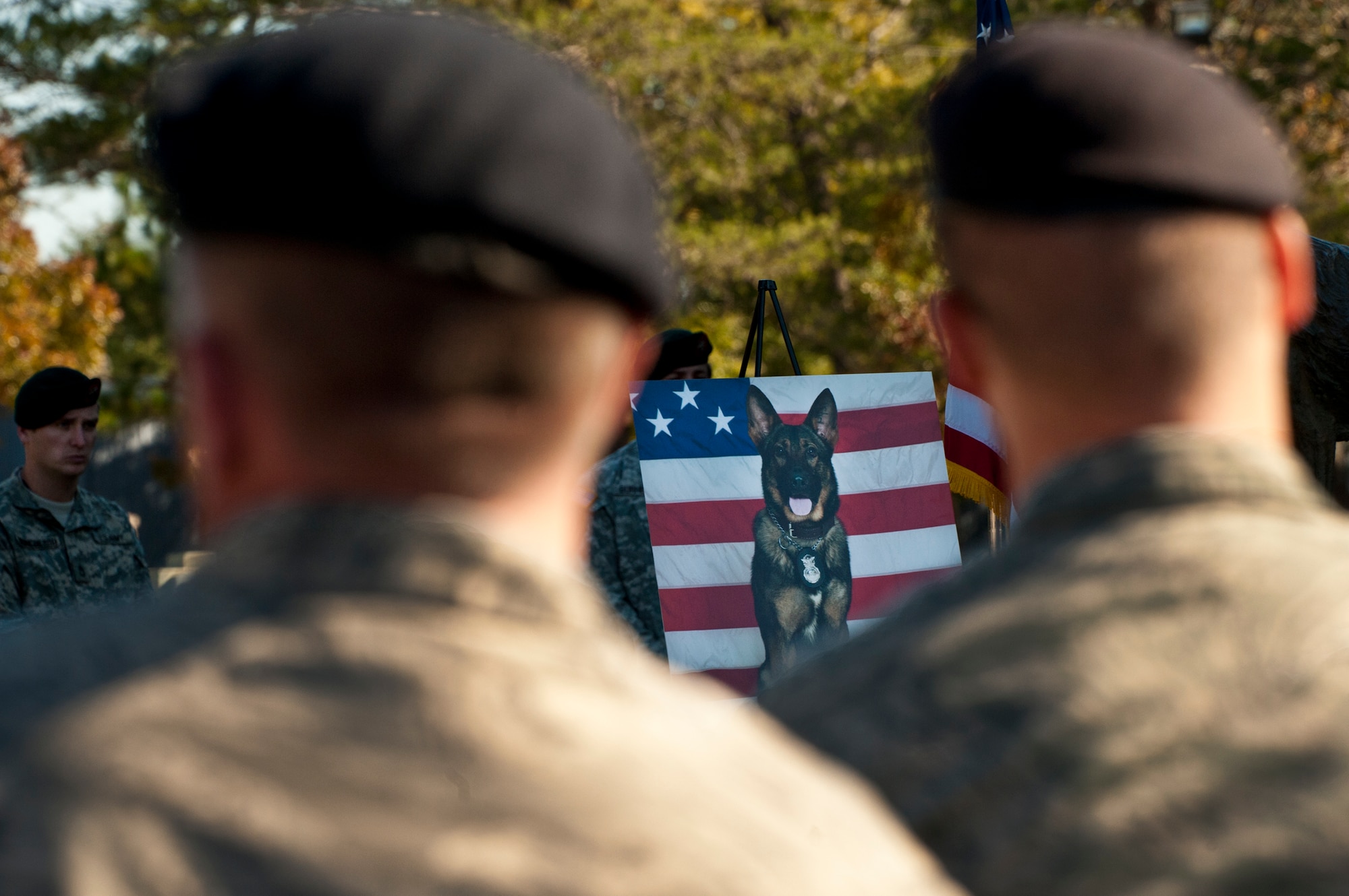 Security forces Airmen from the 96th Air Base Wing and Soldiers from the 7th Special Forces Group were in attendance at the military working dog memorial ceremony held for IQ, one of Eglin’s K-9s, at the Air Force Armament Museum, Dec. 1.  IQ died unexpectedly Nov. 6 of bloat, a stomach condition.  He joined the Air Force in March 2010 and came to Eglin in Nov.  2010.  He was fully trained and qualified by his partner, Staff Sgt. Brandon Hardy, of the 96th Security Forces Squadron, in May.  At the memorial, Hardy said IQ’s name fit him perfectly and he served his country well.  (U.S. Air Force photo/Samuel King Jr.)