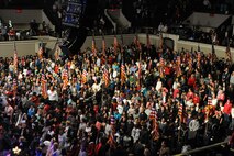 The U.S. Air Force Honor Guard presents the U.S. Flag during the National Anthem Dec. 2 at the Daughters of the American Revolution Constitution Hall, Washington D.C. A special presentation was done for students from Maryland, Virginia and Washington D.C. area. (U.S. Air Force photo by Staff Sgt. Christopher Ruano) 