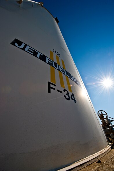 Fuel tank 92 holds approximately 200,000 gallons of the Air Force’s jet fuel, JP-8.  Fuel is housed in these bulk-size storage tanks before being delivered to various aircraft at Eglin Air Force Base, Fla.   (U.S. Air Force photo/Samuel King Jr.)