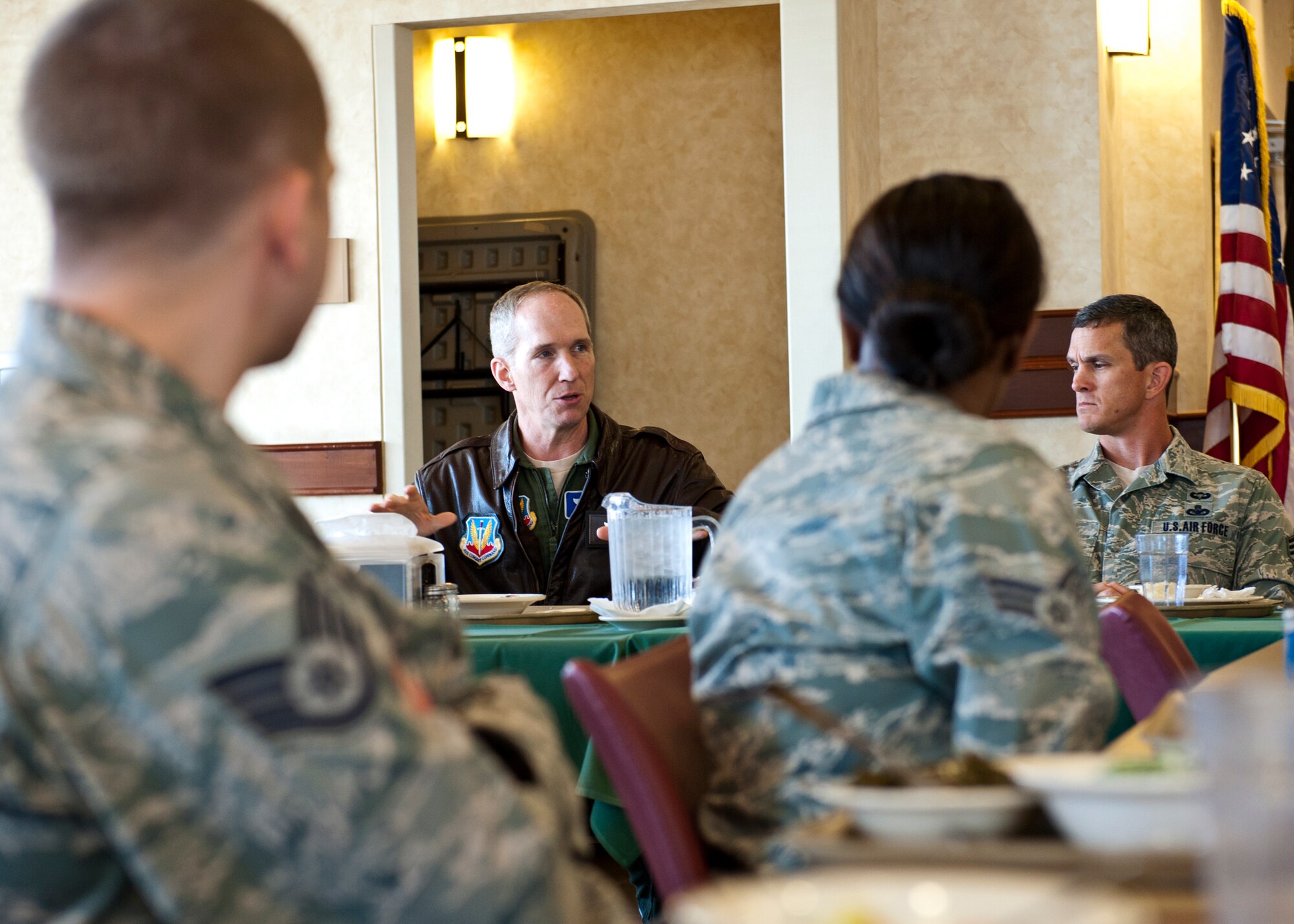 Gen. Mike Hostage, commander of Air Combat Command, speaks to enlisted Airmen of the 53rd Wing during his immersion visit at Eglin Air Force Base, Fla., Nov. 30.  The general learned about the unique aspects of the wing’s mission and roles it plays in the combat air forces.  During the luncheon, the general and his command chief, Chief Master Sgt. Richard Parsons, spoke on topics concerning his enlisted force like budget issues, deployment operations, realignment, retirements and the physical training program.  (U.S. Air Force photo/Samuel King Jr.)