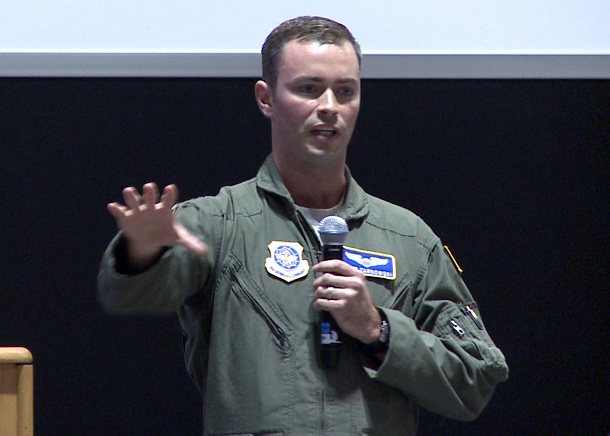 Air Force Capt. Matt Tarnowski, a C-17 Globemaster III aircraft commander, offers insights from his experiences when deployed in support of Operation Tomodachi providing disaster relief assistance in Japan to help improve future training systems.(Air Force photo)