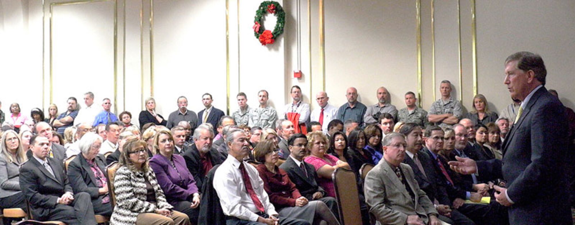 Assistant Secretary of the Air Force Installations, Environment and Logistics Terry Yonkers meets with Air Force Real Property Agency and Air Force Center for Engineering and the Environment employees Dec. 1 at the Kelly Field Club. During the meeting, Yonkers discussed the consolidation of AFRPA, AFCEE and the Air Force Civil Engineer Support Agency in a “super FOA” supporting Air Force installations worldwide.