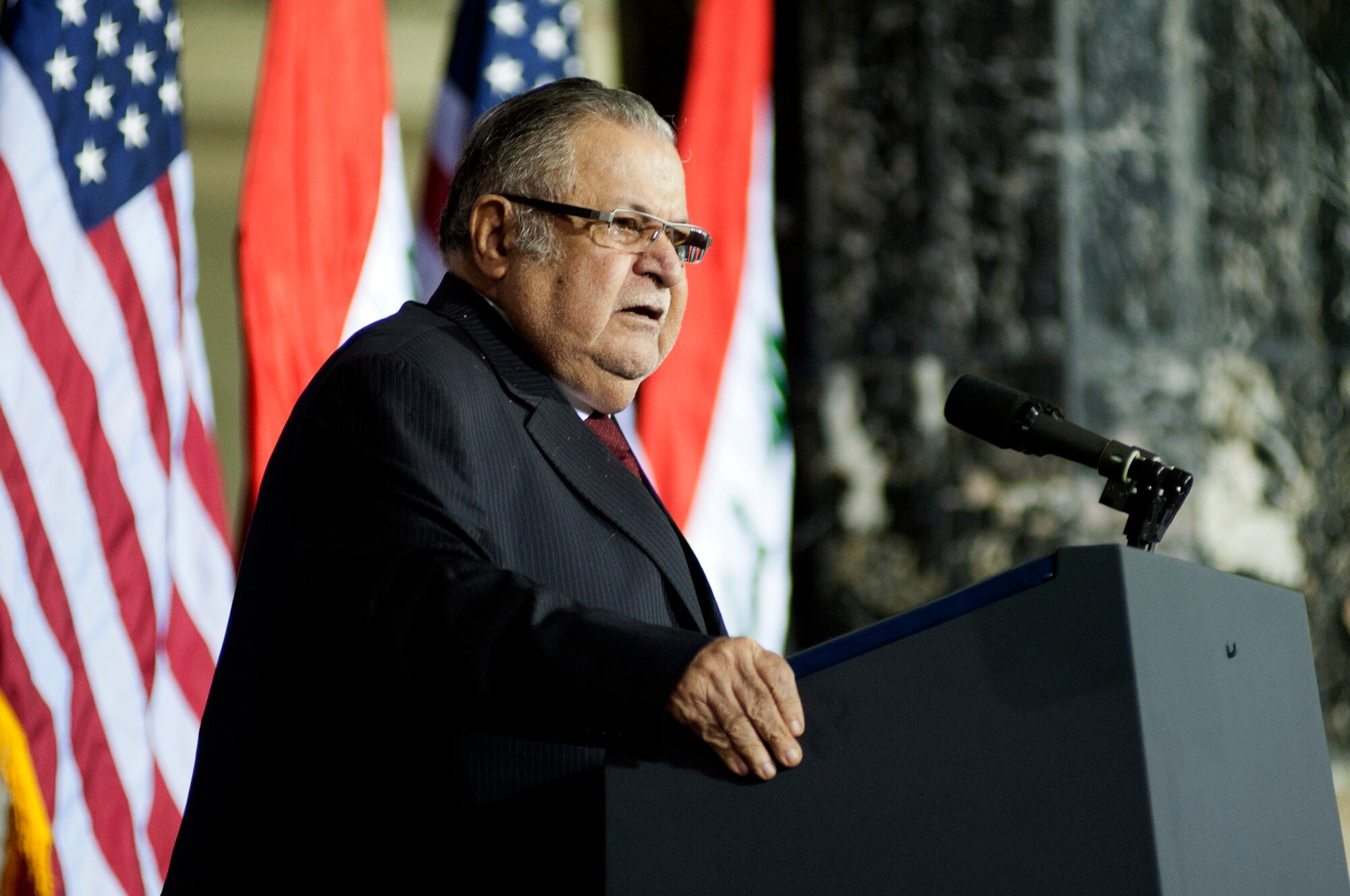 The President of Iraq, Jalal Talabani, gives a speech during the Commitment Day ceremony in the Al Faw Palace at Victory Base Complex, Iraq, on Dec. 1, 2011. The Government of Iraq hosted the ceremony to commemorate the sacrifices and accomplishments of U.S. and Iraqi service members. (U.S. Air Force photo/Master Sgt. Cecilio Ricardo)
