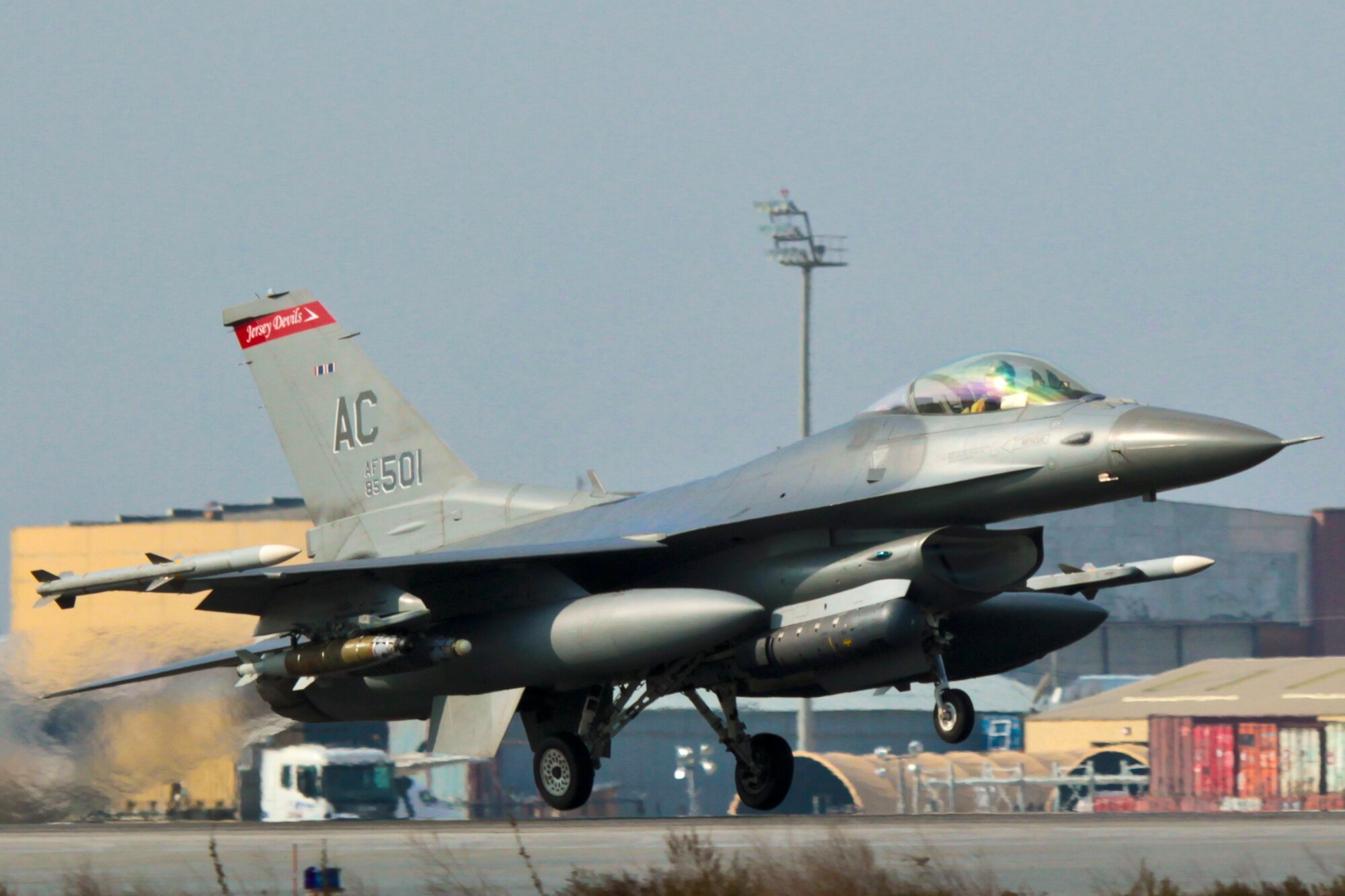 BAGRAM AIRFIELD, Afghanistan -- An Air Force F-16C Fighting Falcon deployed from the 177th Fighter Wing, New Jersey Air National Guard, takes off from Bagram Airfield, Afghanistan, Nov. 28, 2011.  (U.S. Air Force photo/Tech. Sgt. Matt Hecht)