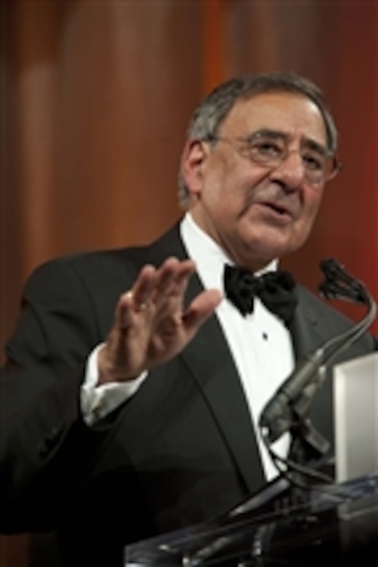 Secretary of Defense Leon E. Panetta delivers the keynote address at the Centennial Commemorative Gala for Naval Aviation at the National Building Museum in Washington D.C., on December 1, 2011.  Panetta spoke of the leadership and valor that naval aviators from the Navy, Marine Corps and Coast Guard have shown over the last 100 years.  