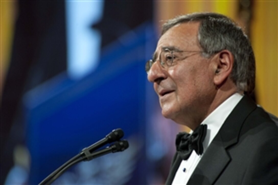 Defense Leon E. Panetta delivers the keynote address at the Centennial Commemorative Gala for Naval Aviation at the National Building Museum in Washington, D.C. ,Dec. 1, 2011. Panetta spoke of the leadership and valor that Navy, Marine Corps and Coast Guard aviators have shown over the last 100 years .