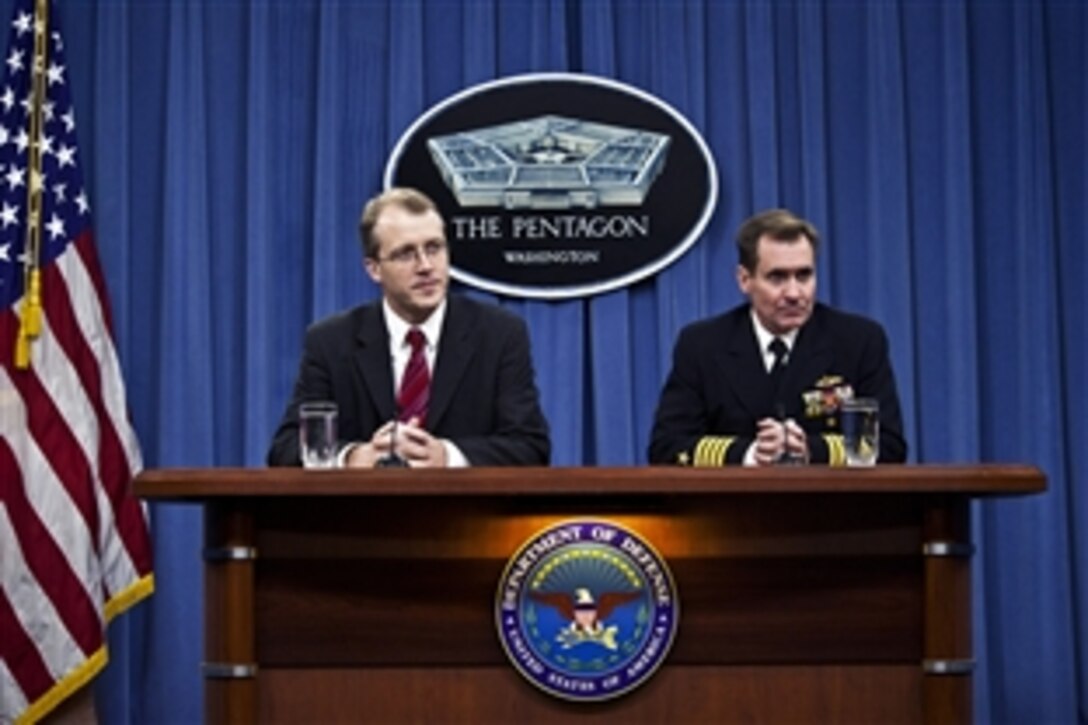 Pentagon Press Secretary George Little and Navy Capt. John Kirby briefed reporters at the Pentagon, Dec. 2, 2011. Little and Kirby discussed the current investigation into a NATO airstrike in Pakistan, as well as the possibility of sequestration.