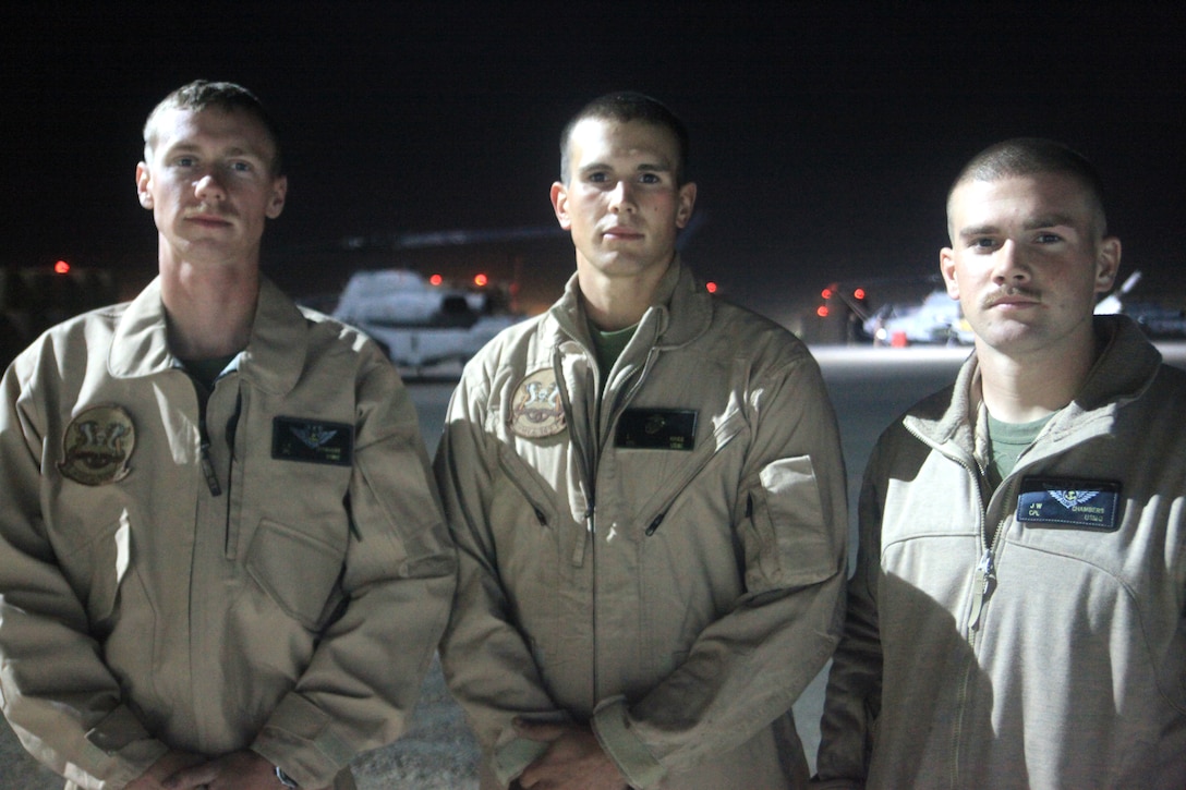 Cpl. Lucas Chambers, Cpl. Steven Kries, and Cpl. Josey Chambers work together as crew chiefs and mechanics on the UH-1Y Hueys of Marine Light Attack Helicopter Squadron 369 at Camp Bastion, Afghanistan. The three men, all from Scott County, Tenn., are cousins. They’ve spent their entire lives and Marine Corps careers together and they’re deployed alongside one another in Afghanistan for the second time in two years.