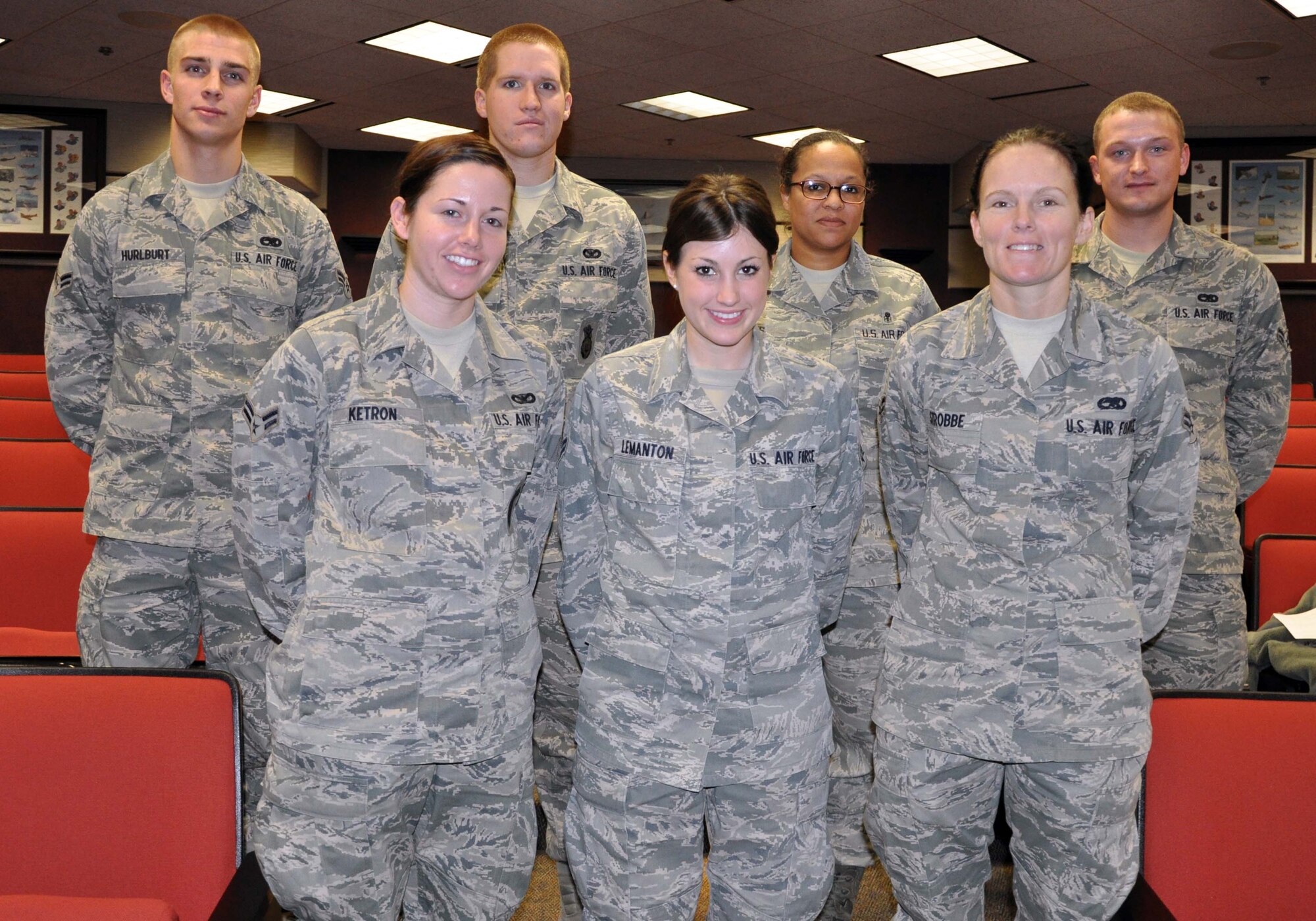 The 931st Air Refueling Group welcomed seven new members during the December UTA.  Pictured are, back row, left to right:  Airman 1st Class Blaine Hurlburt, Airman Ryan Flock, Master Sgt. Angela Woods, and Airman 1st Class Garrett Patrick.  Front row, left to right, are Airman 1st Class Summer Ketron, Airman 1st Class Ashley Lemanton and Airman 1st Class Christina Strobbe.  (U.S. Air Force photo by 1st Lt. Zach Anderson)