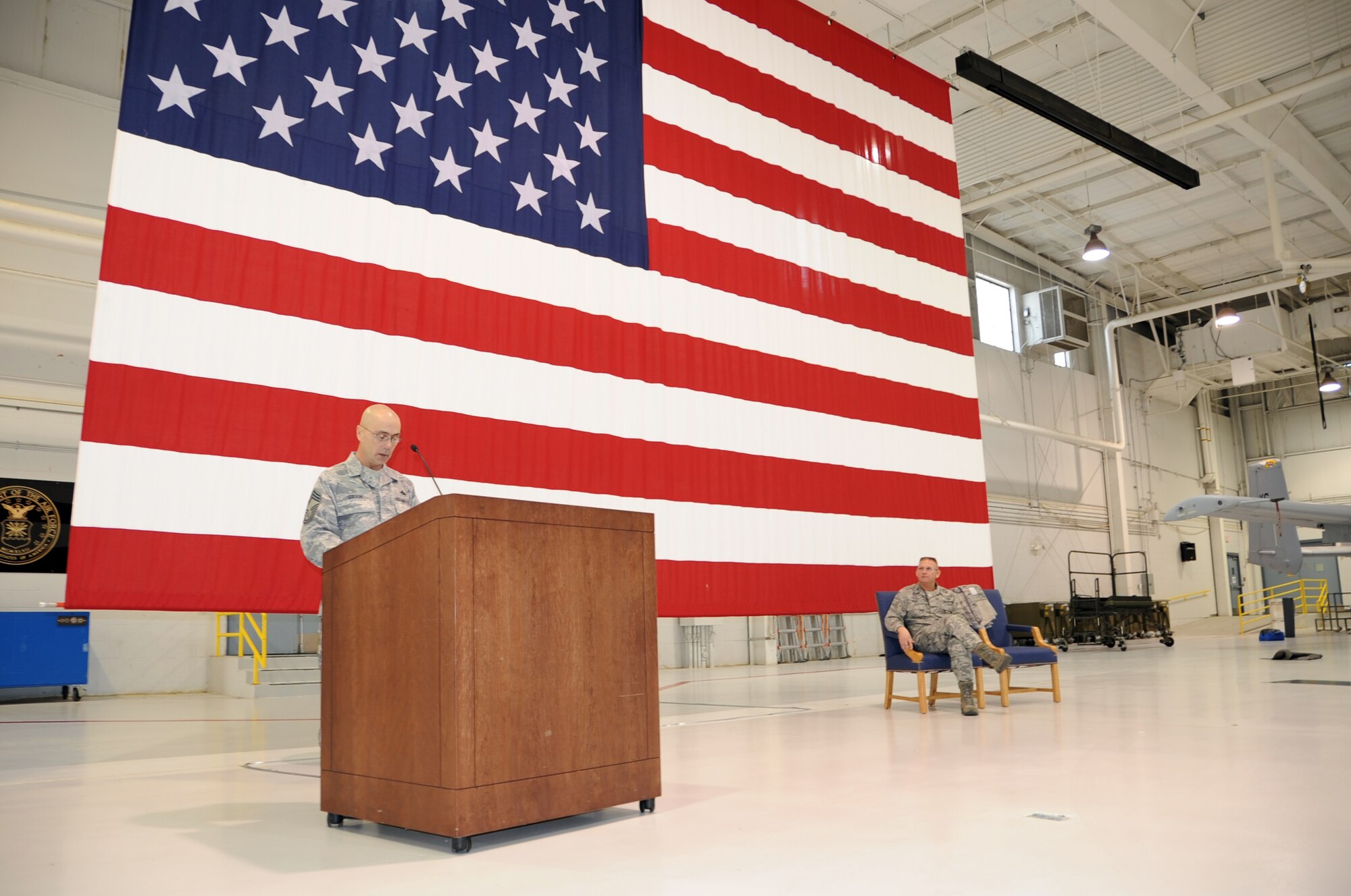 Chief Master Sgt. Kenneth Gibson addresses the audience after being promoted to chief at a ceremony, Dec. 1, 2011. Gibson is a weapons loader with the 442nd Aircraft Maintenance Squadorn. The 442nd MXG is part of the 442nd Fighter Wing, an A-10 Thunderbolt II Air Force Reserve unit at Whiteman Air Force Base, Mo. (U.S. Air Force photo/Staff Sgt. Danielle Wolf)