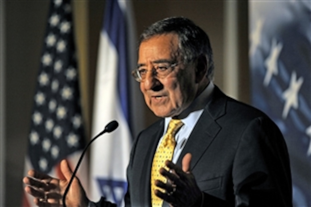 Defense Secretary Leon E.  Panetta reaffirms the United States’ commitment to Israel while discussing Middle East issues during a speech at the Saban Forum at the Willard Intercontinental Hotel in Washington, D.C., Dec. 2, 2011. The forum is an annual event that brings together U.S. and Israeli policy makers to discuss regional defense issues. 