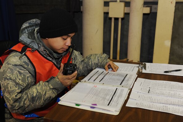 Airman 1st Class Jonathan Deguzman, 35th Maintenance Squadron, makes sure all security measures are in order during an Operational Readiness Inspection at Misawa Air Base, Japan Dec. 4, 2011. The Pacific Air Forces Inspector General Team will spend the next week evaluating the war fighting capability of Misawa’s airmen. (U.S. Air Force photo/Airman 1st Class Kia Atkins) 

