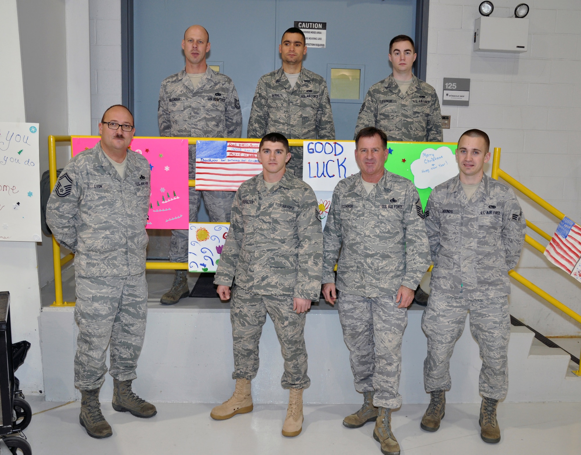 In December 2011, approximately 250 members of the 442nd Maintenance Group and Operations Group will deploy to Afghanistan. Pictured is: (top row, left to right) Tech. Sgt. Mark Bolander, Senior Airman Joshua Barnett, Staff Sgt. Matthew Parker, (bottom row, left to right) Senior Master Sgt. Dennis Lyon, Staff Sgt. James Register II, Master Sgt. Rich O’Conner and Senior Airman Matthew Bounds all of the 442nd Maintenance Group. The 442nd MXG and OG is part of the 442nd Fighter Wing, an A-10 Thunderbolt II Air Force Reserve unit at Whiteman AFB, Mo. (U.S. Air Force photo/Tech. Sgt. Kent Kagarise)
