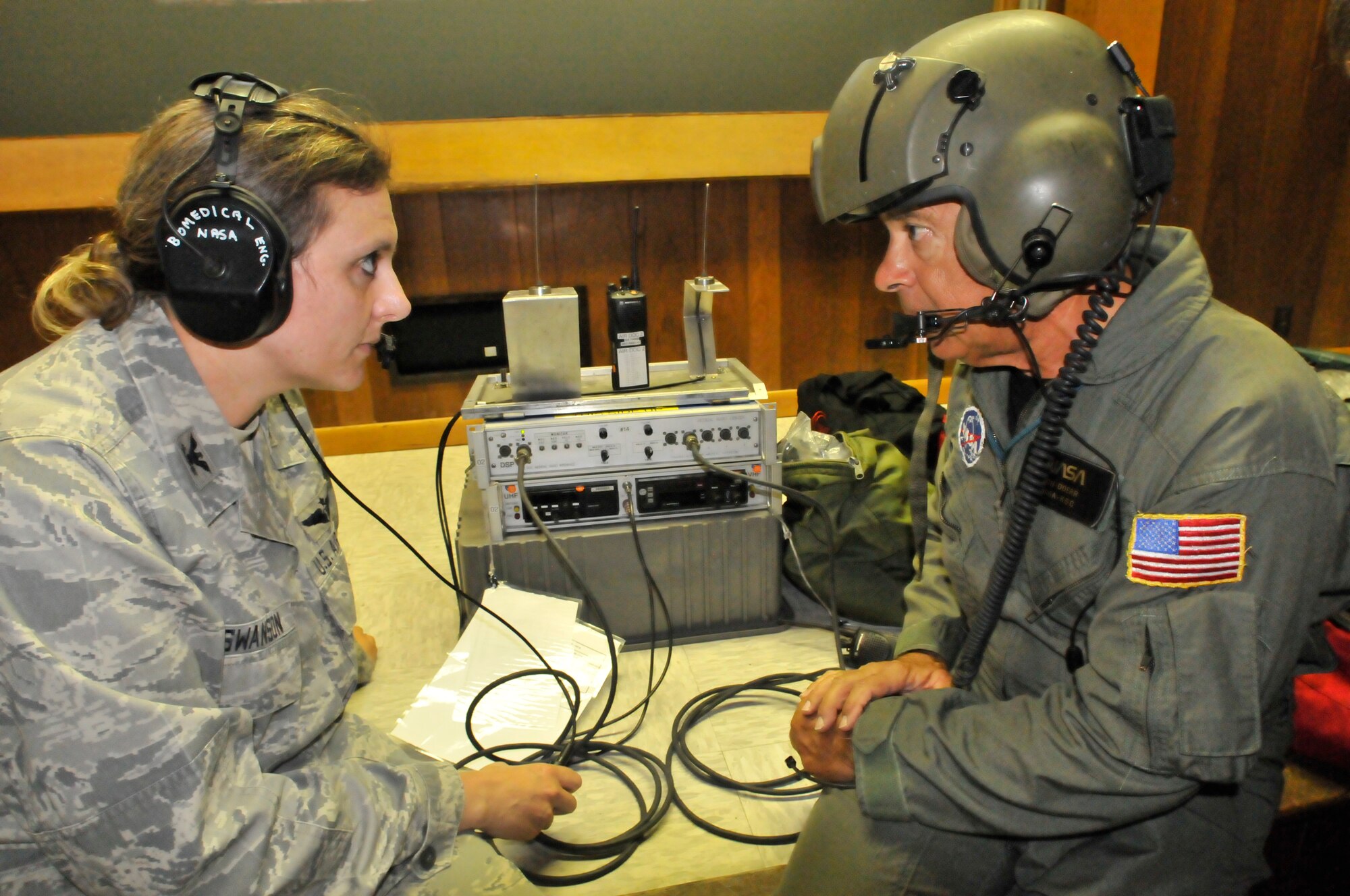 PATRICK AIR FORCE BASE, Fla.-  Air Force and NASA members of the Joint Task Force conduct a medical briefing here for the upcoming space shuttle launch. In a worst-case scenario, if something were to happen during lift off or landing, Air Force rescue crews would be prepared to properly remove the gear from an astronaut to administer life-saving medical treatment. The 920th provides rescue support for all NASA space shuttle missions from nearby Kennedy Space Center. (U.S. Air Force photo/Airman First Class Natasha Dowridge)