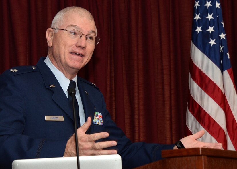 U.S. Air Force Lt. Col. Norris E. Burkes, Group Chaplain for the 162nd Combat Communications Gourp in North Highlands California, speaks with the members of the 175th Wing, Maryland Air National Guard during the annual prayer breakfast on December 4, 2011 at Warfield Air National Guard Base, Baltimore, Md. Burkes, who joined the Air National Guard in 2002, has been deployed to Saudi Arabia, Iraq and Panama. (National Guard Photo By Staff Sgt. Benjamin Hughes/RELEASED)