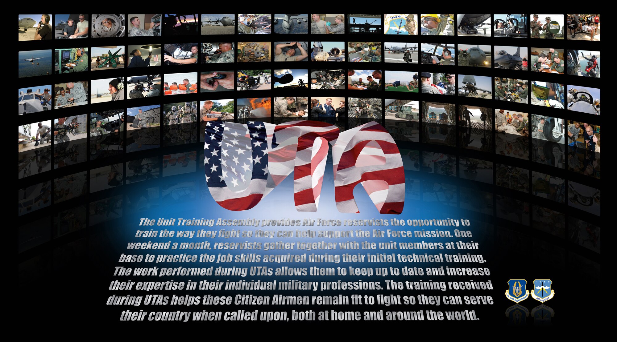 The fifth mural depicts what could be considered the foundation or core of the Air Force Reserve - the Unit Training Assembly, more commonly known as “drill”. The Unit Training Assembly provides Air Force reservists the opportunity to train the way they fight so they can help support the Air Force mission. One weekend a month, reservists gather together with the unit members at their base to practice the job skills acquired during their initial technical training. The work performed during UTAs allows them to keep up to date and increase their expertise in their individual military professions. The training received during UTAs helps these Citizen Airmen remain fit to fight so they can serve their country when called upon, both at home and around the world. (U.S. Air Force Graphic by Capt. J. Justin Pearce)