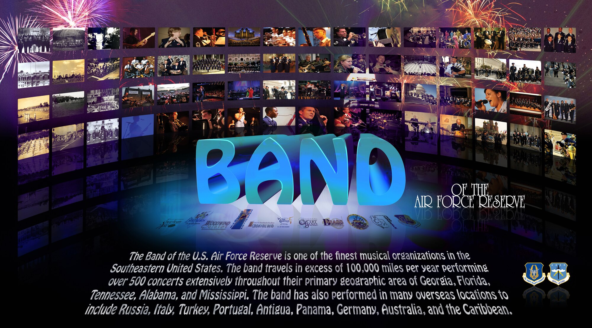 The fourth mural showcases the Band of the United States Air Force Reserve. It is the oldest band, active or reserve, assigned to the Air Force, having continued from its formation in 1941 to the present without a break in service. The band was formed Oct. 1, 1941 at Mitchell Field, New York, as the First Air Force Band. The band travels in excess of 100,000 miles per year, performing more than 400 concerts extensively throughout their primary geographic area of Georgia, Florida, Tennessee, Alabama and Mississippi. The band has also played in many overseas locations, including Russia, Italy, Turkey, Portugal, Antigua, Panama, Germany, Australia and the Caribbean. All members of the Band of the U.S. Air Force Reserve are full-time professional Air Force musicians working in support of Air Force Reserve recruiting and community relations objectives. (U.S. Air Force Graphic by Capt. J. Justin Pearce)