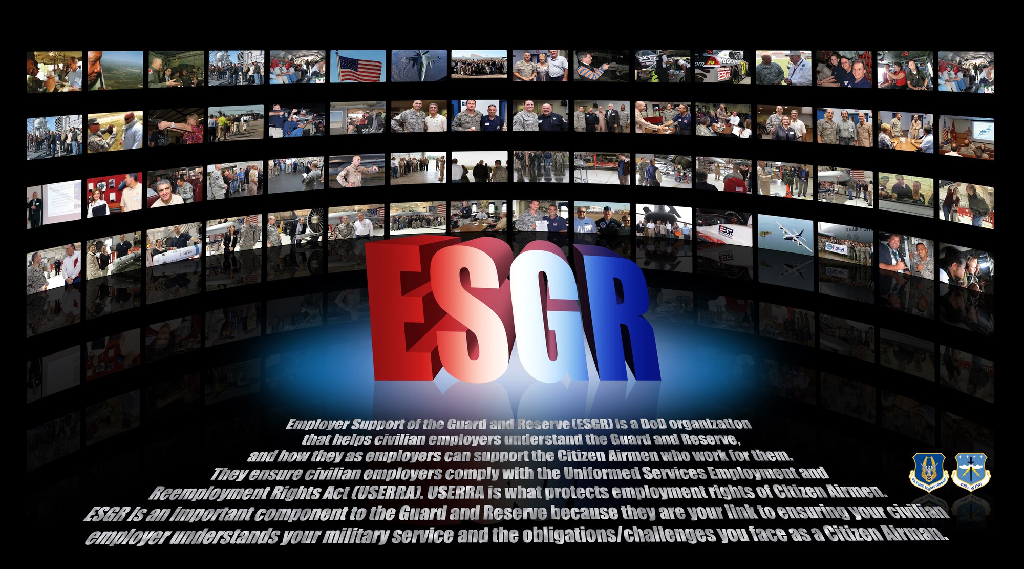 The third mural depicts the Employer Support of the Guard and Reserve program. Since the majority of reservists are traditional reservists with full-time civilian employment, this program aids in strengthening the relationship between reservists and their employers. This provides reservists with a smoother transition from civilian to military commitments. (U.S. Air Force Graphic by Capt. J. Justin Pearce)