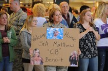 Members of the 134th Air Control Squadron returned home to McConnell Air Force Base, Kansas after a four month deployment to South West Asia. The airmen were greeted by hundreds of family, friends, and coworkers on November 18, 2011.