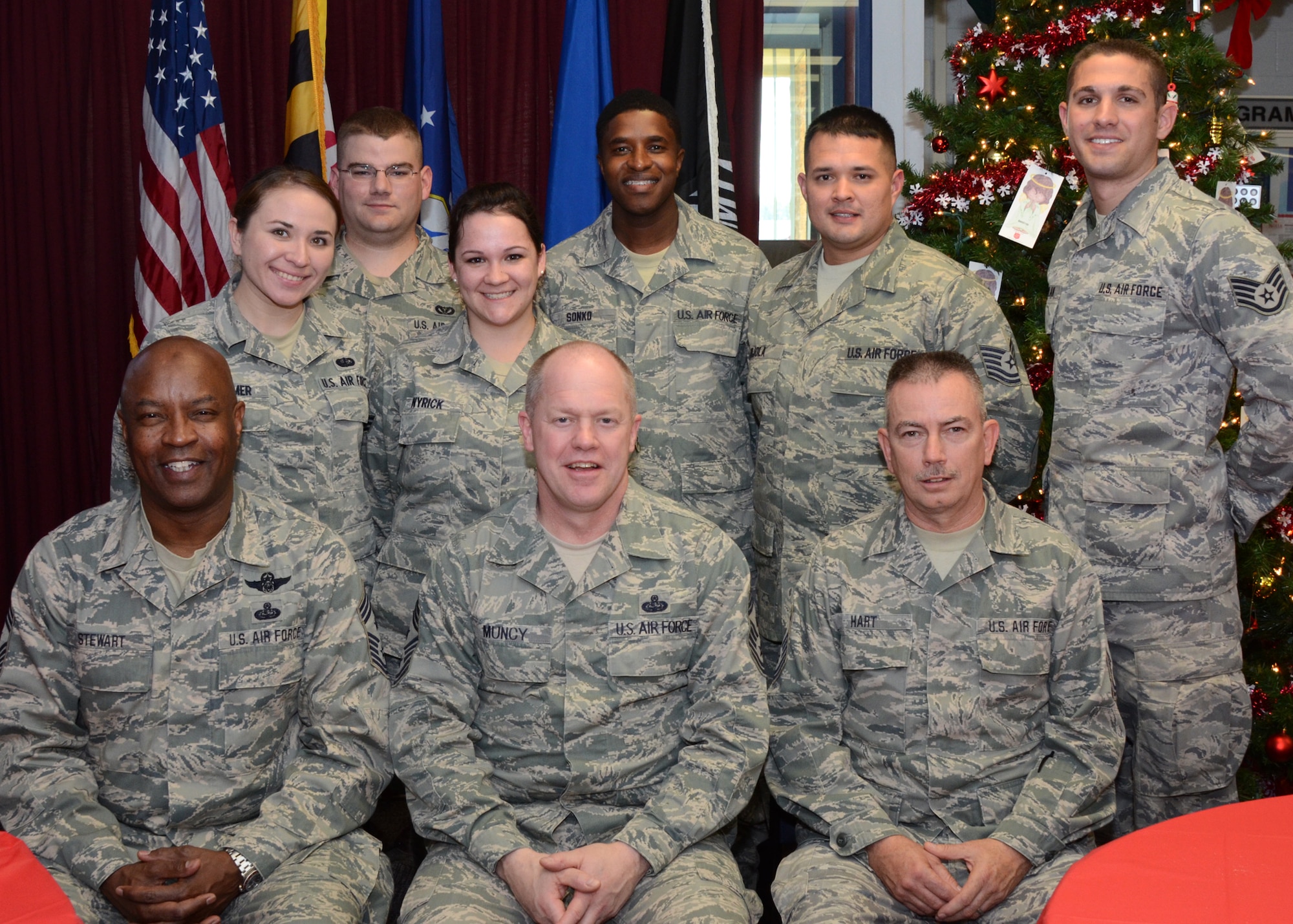 (Front Row: L-R) U.S. Air Force Chief Master Sergeant Harold Stewart, 175th Wing Command Chief, Chief Master Sergeant Christopher E. Muncy, Command Chief Master Sergeant of the Air National Guard and Chief Master Sergeant Glenn Hart, Maryland State Command Chief, meets with enlisted members of the 175th Wing, Maryland Air National Guard on December 3, 2011 in the dining facility at Warfield Air National Guard Base, Baltimore, MD.  Command chief master sergeant are the advisors to their commanders on enlisted issues in the Air National Guard. (National Guard Photo By Staff Sgt. Benjamin Hughes/RELEASED)