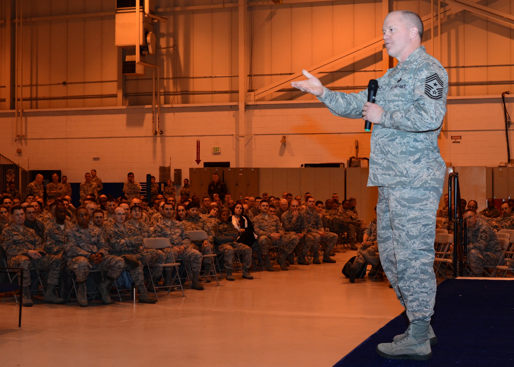 U.S. Air Force Chief Master Sergeant Christopher E. Muncy, Command Chief Master Sergeant of the Air National Guard speaks with members of the 175th Wing, Maryland Air National Guard during a town hall meeting on December 3, 2011 at Warfield Air National Guard Base, Baltimore, MD.  Muncy represents the highest level of enlisted leadership for the Air National Guard and is responsible for the interest regarding welfare, readiness, morale, proper utilization and progress concerning the enlisted personnel under his command. (National Guard Photo By Staff Sgt. Benjamin Hughes/RELEASED)