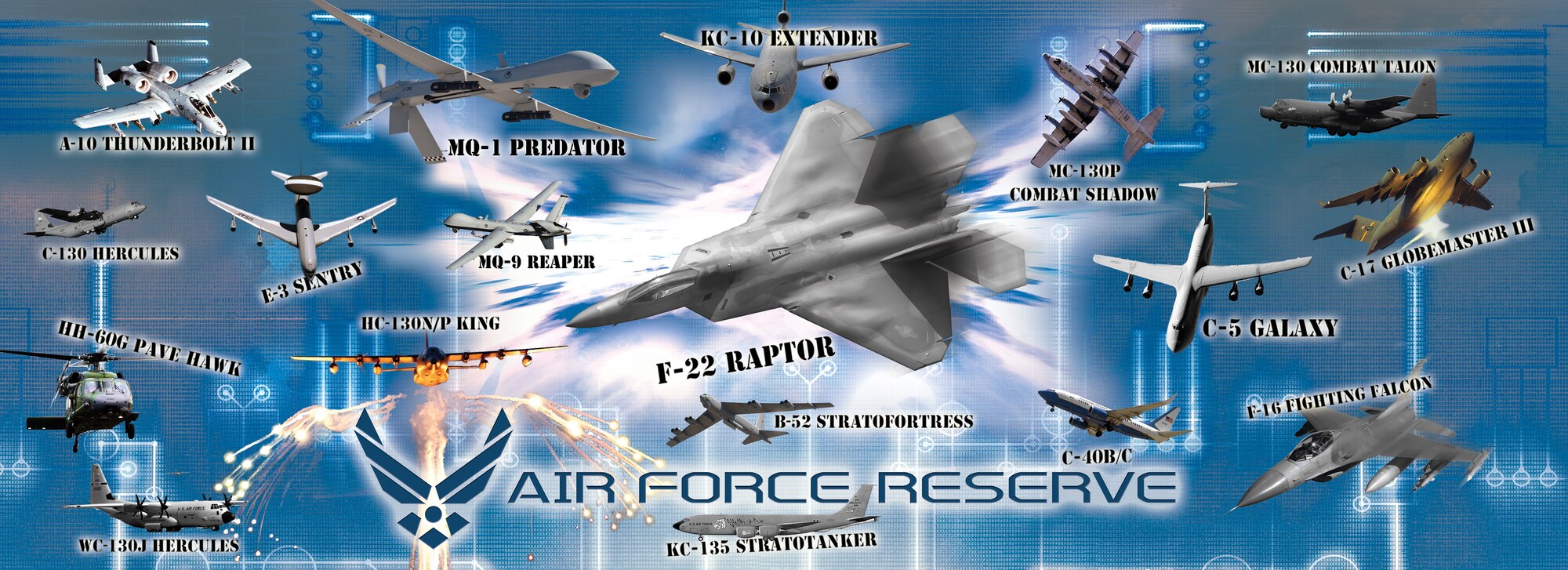 The first mural contains the current aircraft inventory of the Air Force Reserve. Each of the aircraft contributes a specific role in fulfilling Reserve obligations and carrying out various missions both independently and along side active-duty counterparts. The F-22 Falcon is the focus element of this mural, as it is the newest addition to our inventory and the most advanced fighter aircraft to date.