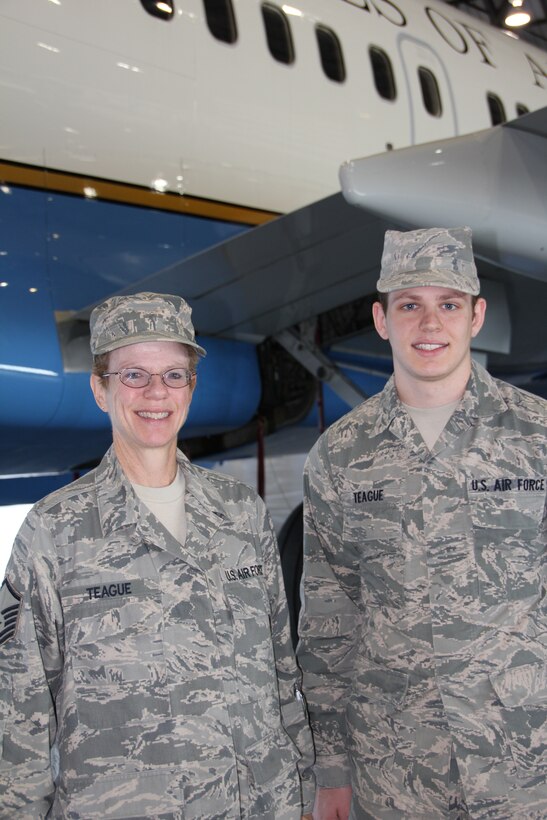 Master Sgt. Deb Teague and her son, Senior Airman Michael Teague, are proud members of the 932nd Airlift Wing. Sergeant Teague is the NCOIC of Airman and Family Readiness, while Airman Teague is assigned to the 932nd Aerospace Medical Squadron.   Michael said joining the Air Force Reserve was his way to continue a family tradition of military service.   (U.S. Air Force photo/Tech. Sgt. Dan Oliver) 