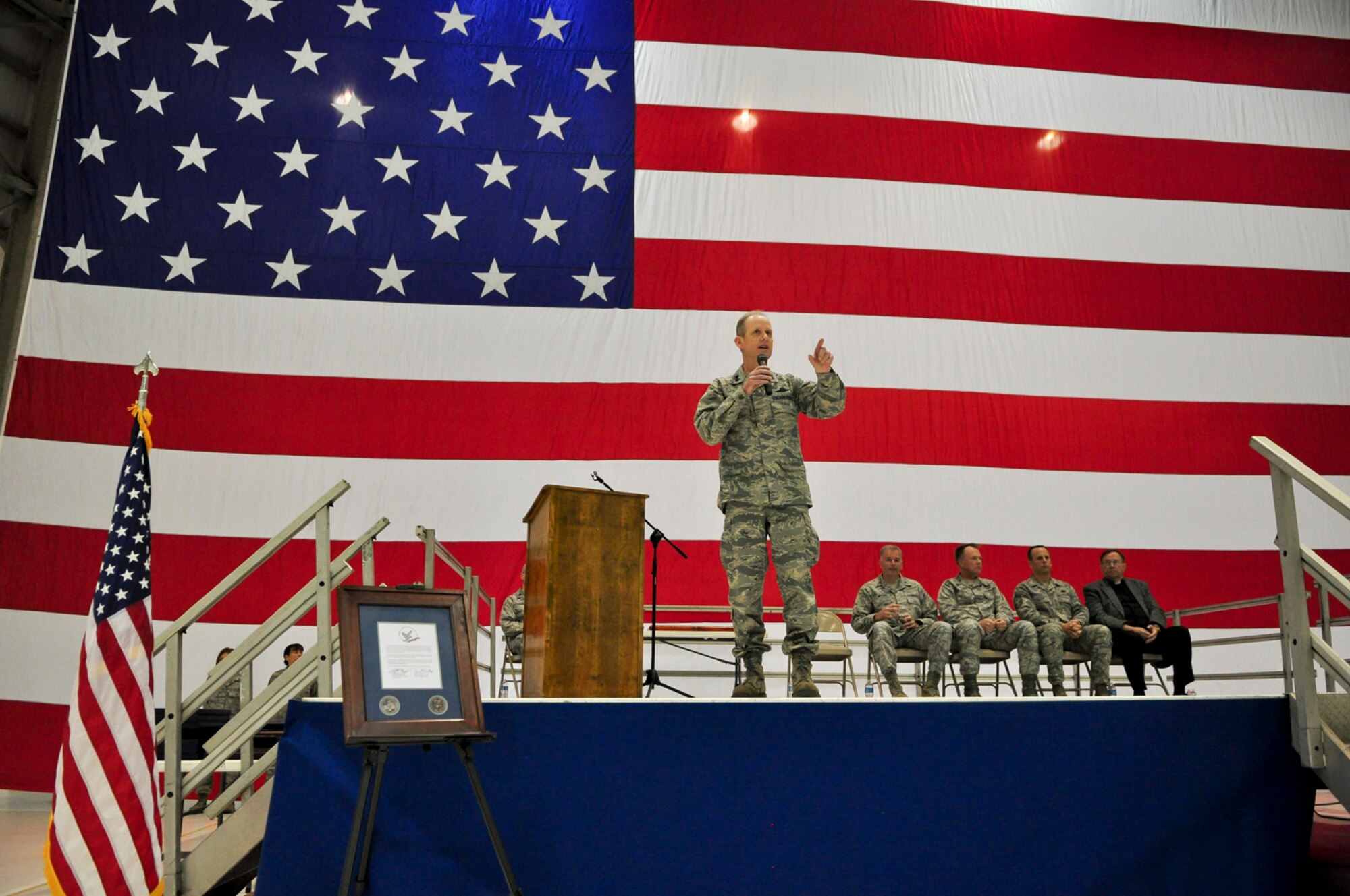 Maj. Gen. Donald P. Dunbar, Wisconsin's adjutant general, offers remarks to more than 100 Airmen during a Hometown Heroes Salute Campaign at the 128th Air Refueling Wing, Milwaukee, on Sunday, December 4, 2011.  Gen. Dunbar told the gathered crowd of locally stationed Airmen, family members, and recipient Airmen of the 128th Air Refueling Wing that "the greatest Air Force on the planet cannot do what it does without the Air National Guard."  The Hometown Heroes Salute Campaign is an Air National Guard event that recognizes Airmen who have deployed overseas for more than 30 days.  Air National Guard photo by Tech. Sgt. Tom Sobczyk.