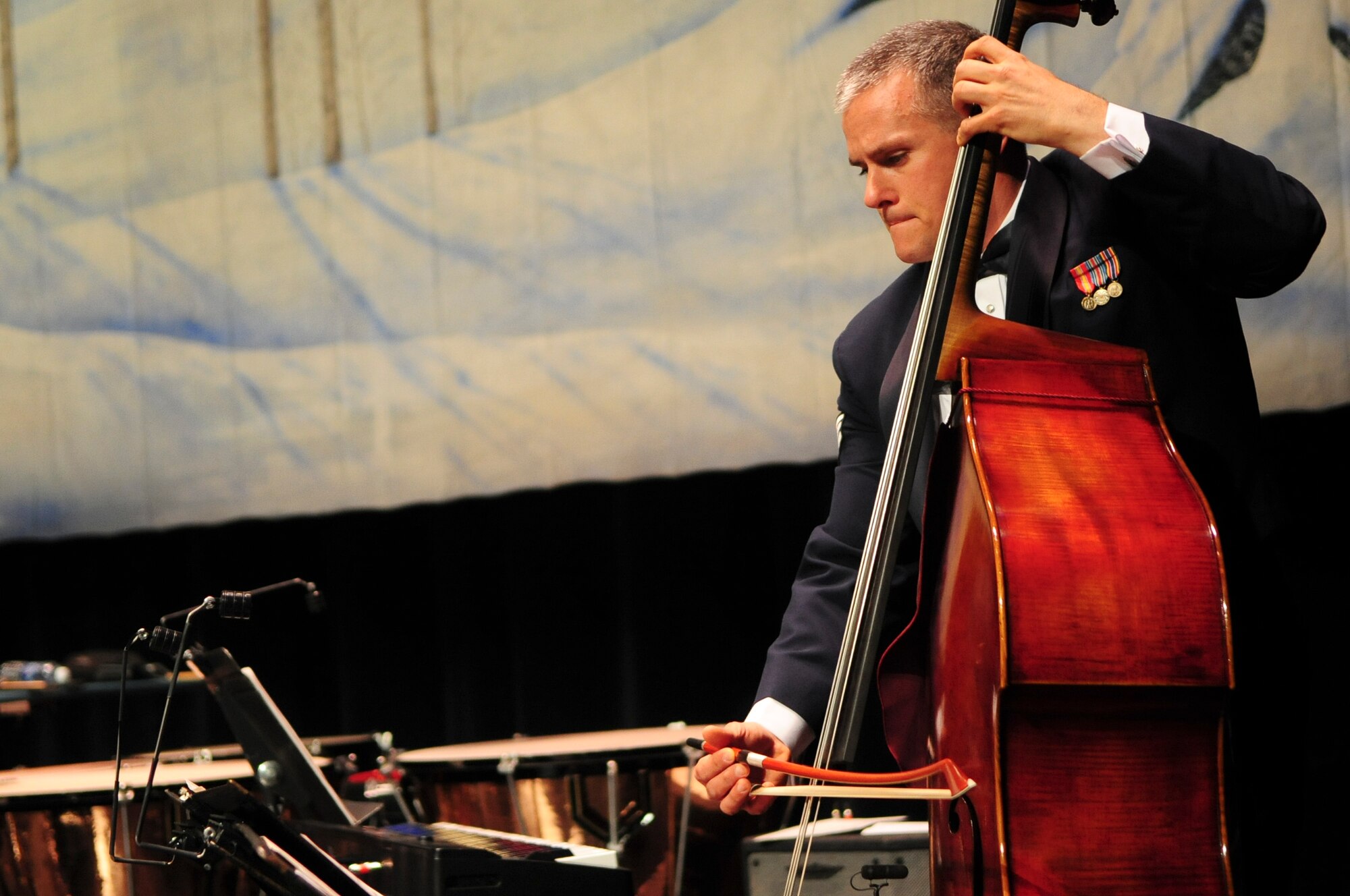 A bass player performs with the United States Air Force Band of the Golden West plays during a free community holiday concert at the Sacramento Convention Center Nov. 30, 2011. The 45 piece Band of the Golden West plays as many as 350 performances, ceremonies and military events every year, and can be broken into six smaller groups including a rock band. (U.S. Air Force photo by Staff Sgt. Sarah Brown/RELEASED)