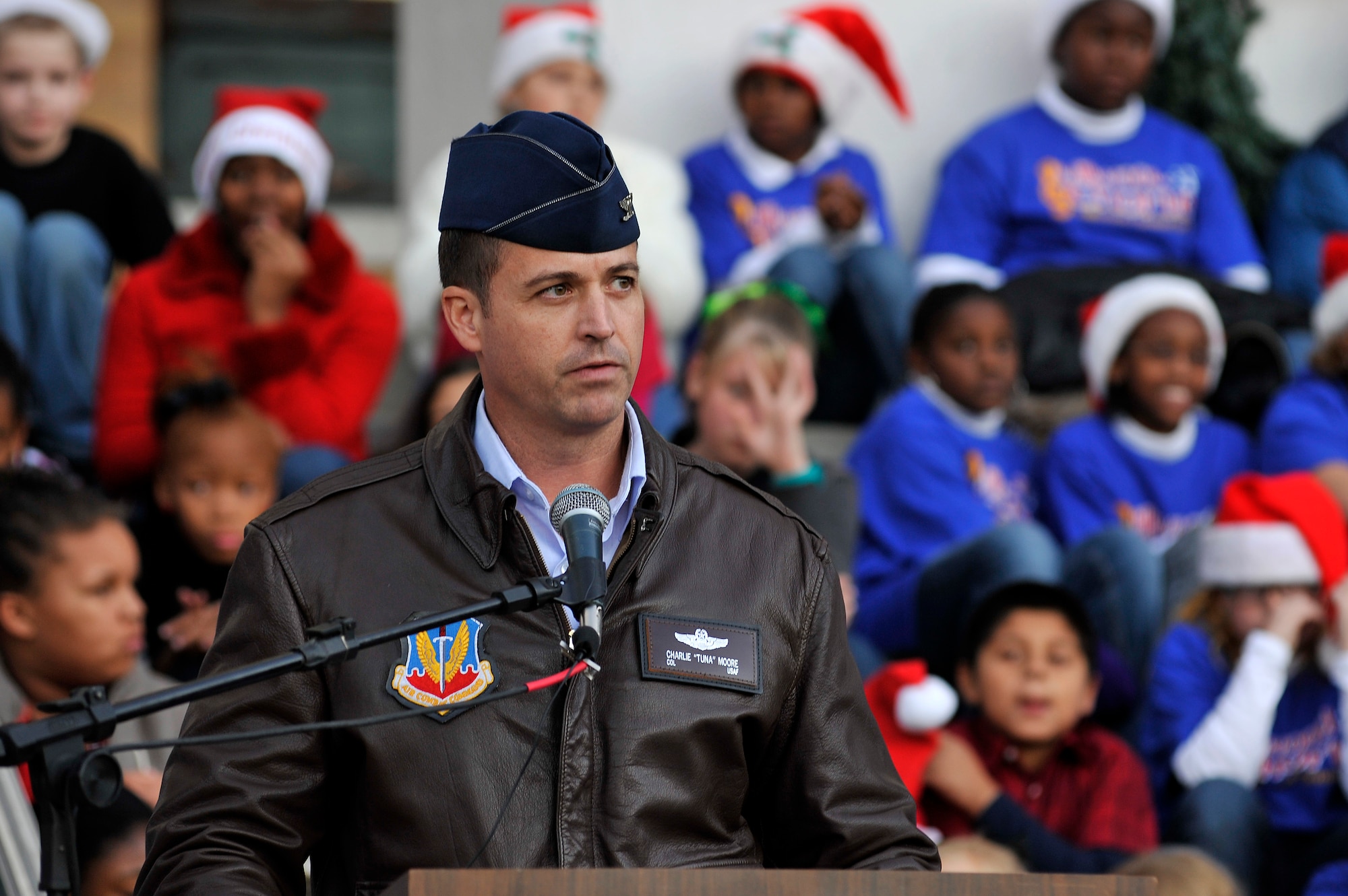 U.S. Air Force Col. Charlie Moore, 20th Fighter Wing commander, speaks during Sumter's Christmas Tree Lighting Ceremony, Dec. 2, 2011, Sumter, S.C. The annual ceremony brought out the holiday spirit as several elementary school choirs performed Christmas carols for those who gathered at the courthouse to witness the celebration. (U.S. Air Force photo by Senior Airman Kenny Holston/Released)


