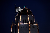 Santa Clause makes an appearanceatop the Taj Mahal, the 12tth Flying Training Wing Headquarters building at the Joint Base San Antonio-Randolph Tree Lighting Ceremony Dec. 1.(U.S. Air Force photo/Rich McFadden) (released)