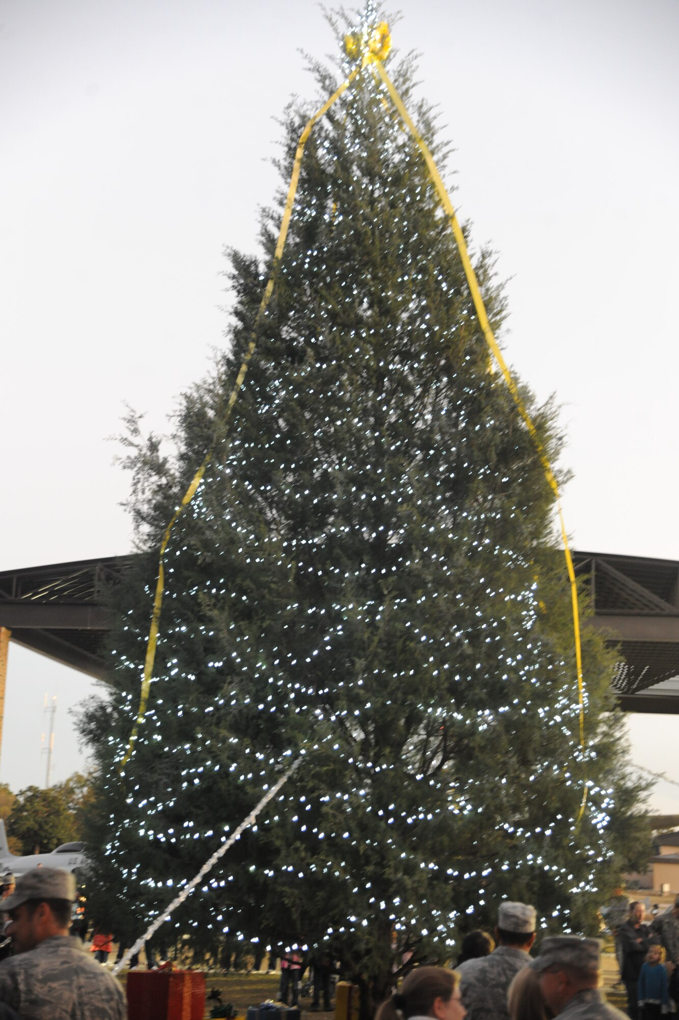 Family, friends and coworkers of Moody Air Force Base, Ga., joined together to celebrate the holiday season during the Annual Base Tree Lighting and Holiday Parade Dec. 2, 2011. The event included raffle give-a-ways, a parade, children activities and a tree lighting ceremony which honored deployed Airmen. U.S. Air Force photo by Airman 1st Class Paul Francis/Released

