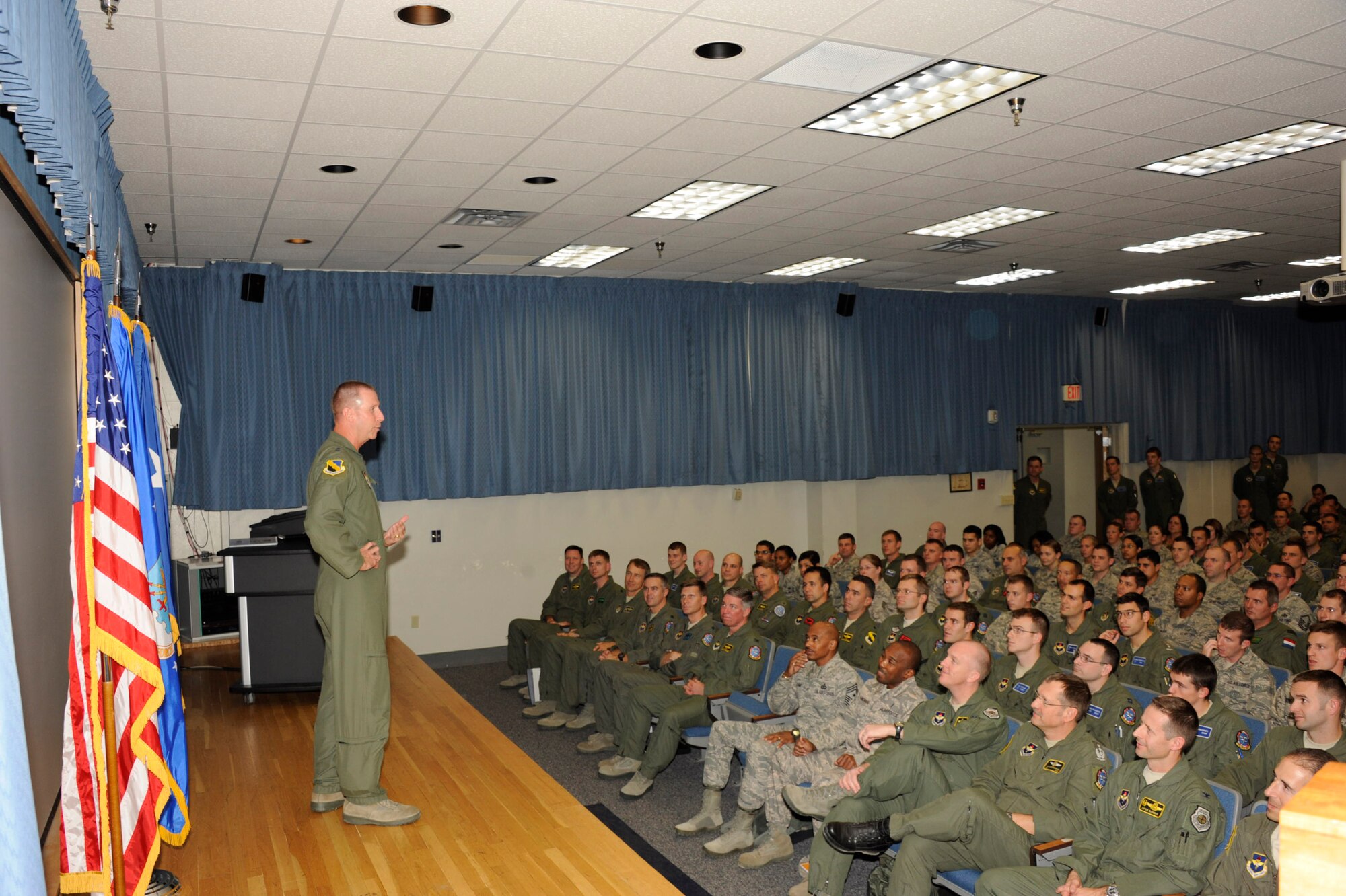 19th AF Commander Maj. Gen. Mark Solo speaks to members of the 80th Flying Training Wing, Sheppard Air Force Base, Texas, during an All Call Nov. 30, 2011. Solo’s trip was a quick visit to talk with wing leadership and see progress on the construction of new Euro-NATO Joint Jet Pilot Training facilities. (U.S. Air Force photo/Danny Webb)