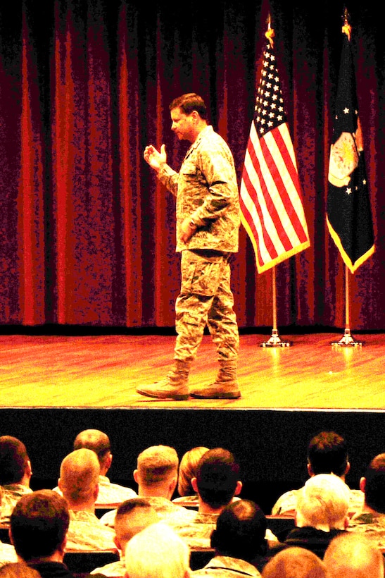 2nd Air Force Commander Maj. Gen. Leonard Patrick speaks to members of the 82nd Training Wing, Sheppard Air Force Base, Texas, during an All Call Nov. 16, 2011. Patrick spent two days touring training and infrastructure efforts and speaking to Sheppard’s Airmen. (U.S. Air Force photo/Frank Carter)