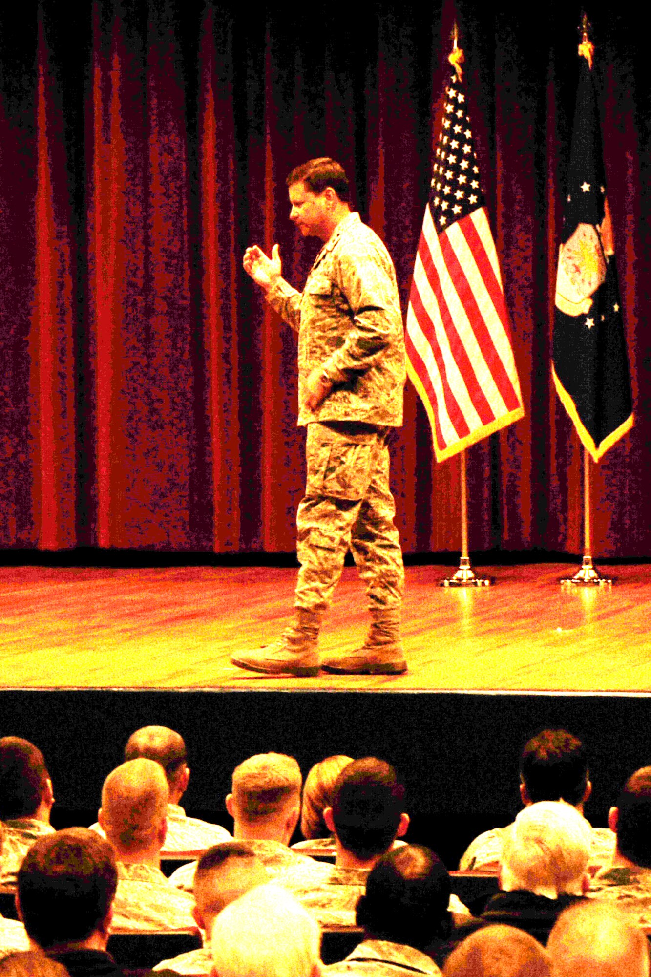 2nd Air Force Commander Maj. Gen. Leonard Patrick speaks to members of the 82nd Training Wing, Sheppard Air Force Base, Texas, during an All Call Nov. 16, 2011. Patrick spent two days touring training and infrastructure efforts and speaking to Sheppard’s Airmen. (U.S. Air Force photo/Frank Carter)