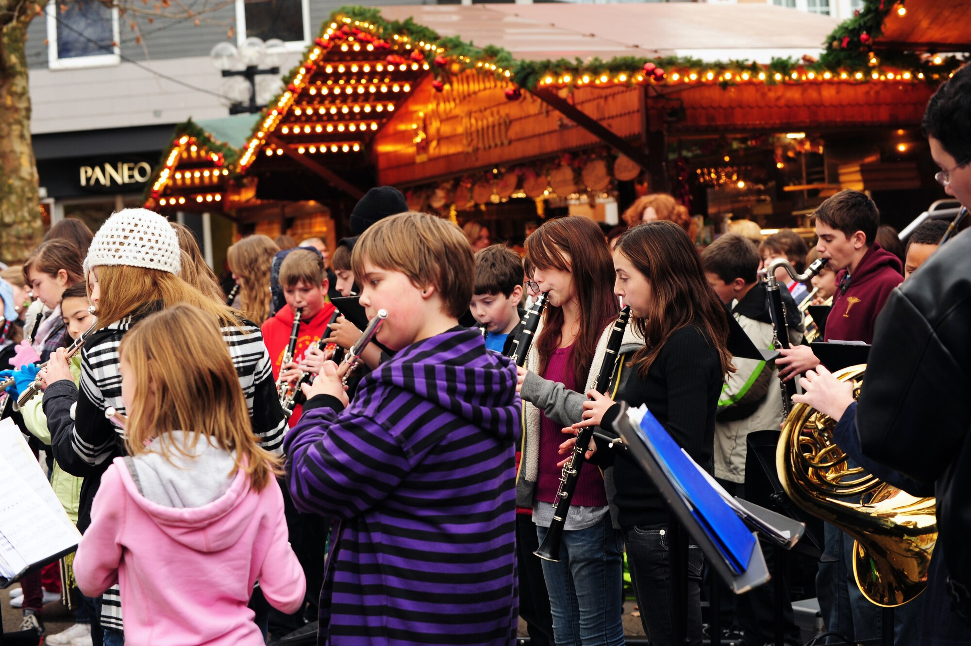 The Ramstein Middle School intermediate and advance band performs for the German and American community during the Christmas market in Kaiserslautern, Germany, Dec. 1, 2011. The market will be set up until Dec. 23 near Stiftskirche str. and on Schillerplatz str. (U.S. Air Force photo by Senior Airman Aaron-Forrest Wainwright)