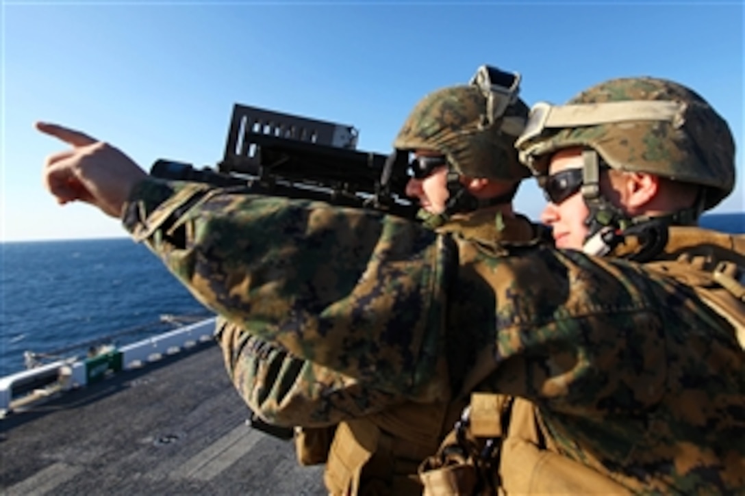 Cpl. Richard Campbell Jr. (right) and Lance Cpl. James Chappell, with the Low Altitude Air Defense Detachment for the 24th Marine Expeditionary Unit, practice firing a simulated FIM-92C Stinger Missile off the port side of the USS Iwo Jima (LHD 7) during the Defense of the Amphibious Task Force Naval qualification exercise on Dec. 3, 2011.  Defense of the Amphibious Task Force is one of many qualifications that make up the Composite Training Unit Exercise scheduled to take place Nov. 28 to Dec. 21.  The Defense of the Amphibious Task Force drill allowed the Marines to integrate with their Navy counterparts to rehearse how they would protect the ships of the amphibious ready group while traveling through high threat areas at sea.  