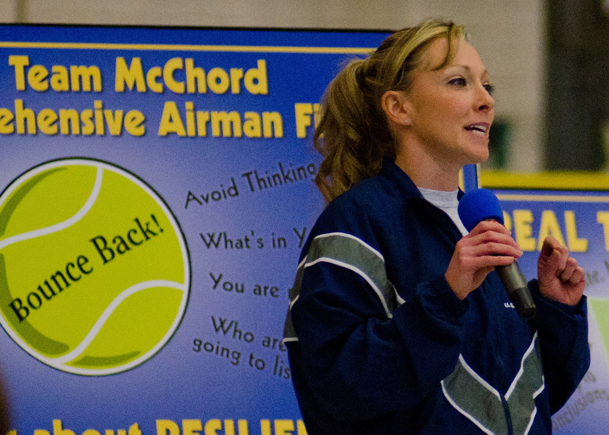 Master Sgt. Angela Suafoa, 62nd Medical Squadron master resilience trainer, speaks about resilience and being a good "Wingman" during Wingman Day Dec. 2, 2011, in Hangar 4 at Joint Base Lewis-McChord, Wash. McChord Field had an all-field stand down for Wingman Day to talk about dealing with stress and reinforcing bonds between fellow Airmen. (U.S. Air Force photo/David Poe)