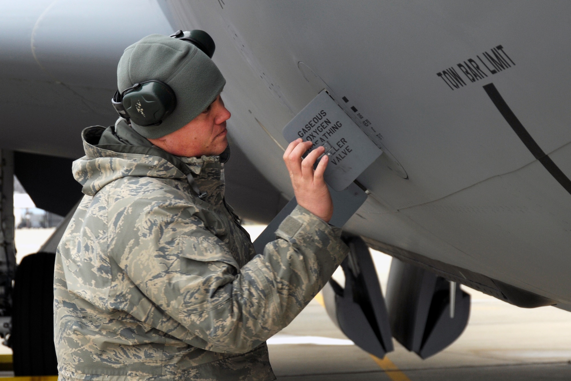Staff Sgt. Michael Campbell, a crew chief with the 191st Aircraft Maintenance Squadron, performs a pre-flight check on a KC-135 Stratotanker at Selfridge Air National Guard Base, Mich., Dec. 3, 2011. Crew chiefs perform and coordinate a wide variety of maintenance tasks and prepare the aircraft for flight. (U.S. Air Force photo by TSgt. David Kujawa)