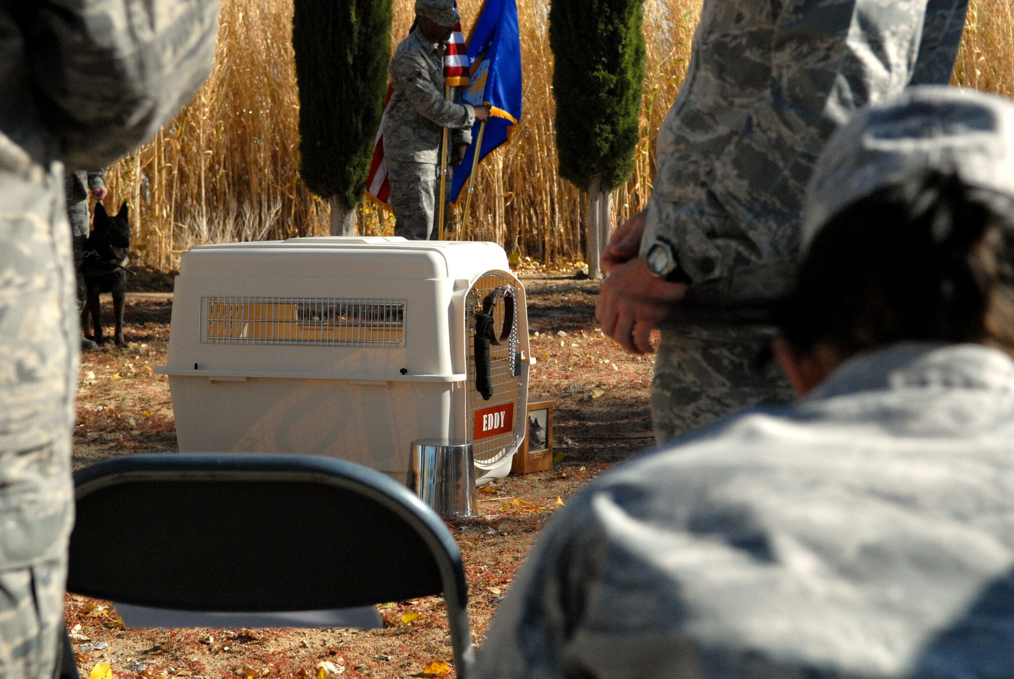 After 11 years of military service, Eddy, a German Shepherd and former 95th Security Forces Squadron military working dog, is remembered during a memorial service, Nov. 30, at the MWD kennels on base. Eddy not only conducted patrol on base with his handlers, but also deployed to the Middle East multiple times and participated in over 300 combat missions. (U.S. Air Force photo/Kate Blais)