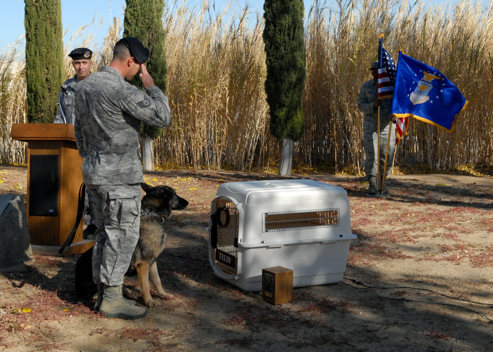 A 95th Security Forces Squadron dog handler and his partner pay their last respects to their former partner. Telin, a Belgian Malinois, dedicated nine years of service to the Air Force and 95th Air Base Wing.  (U.S. Air Force photo/Kate Blais)