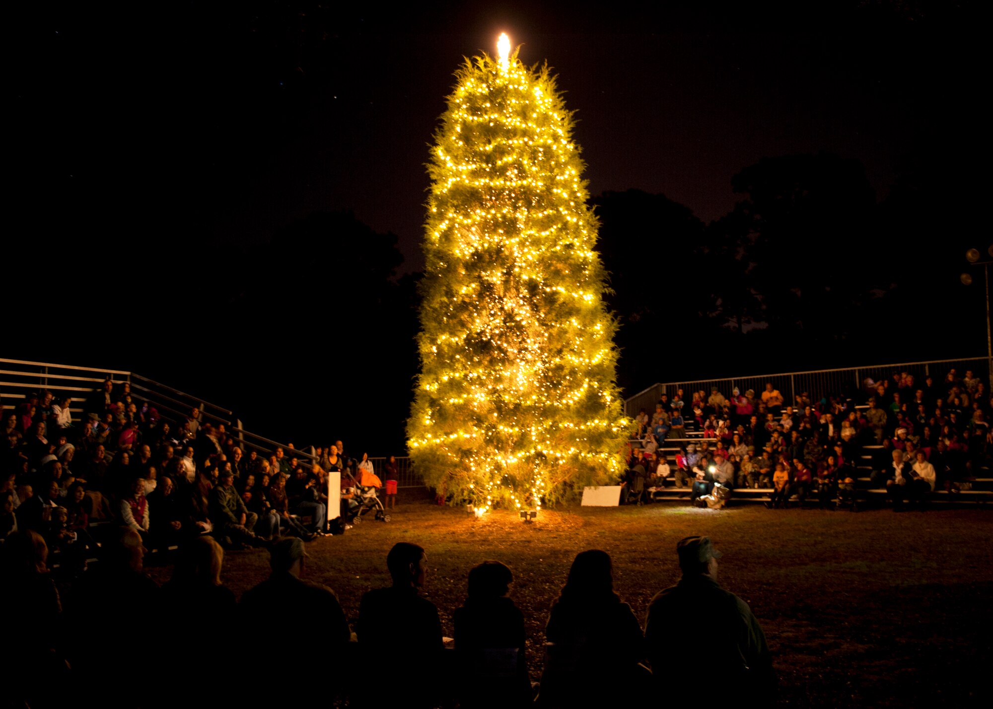 Members of the Eglin community look on as the official Eglin tree is lit at the West Gate chapel Dec. 2. The ceremony included carols sung by Eglin Elementary students and the annoucement of the annual Christmas card contest winners. (U.S. Air Force photo/Sachel Seabrook)