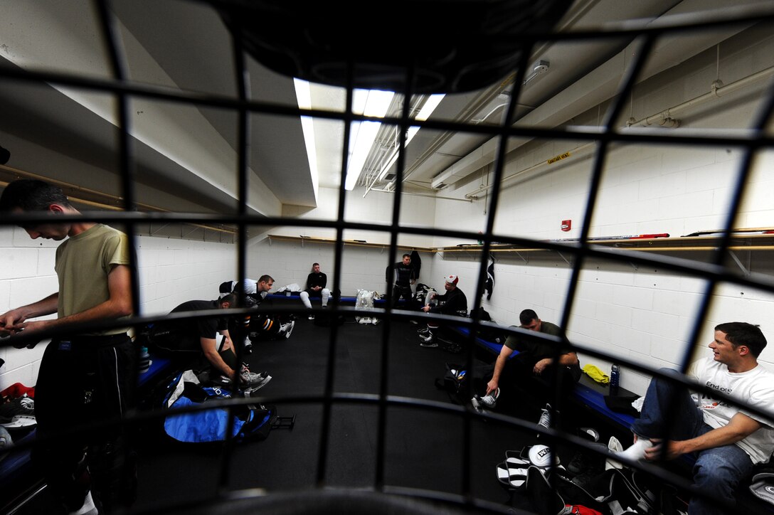 Ellsworth Bombers Division C hockey players prepare for a game at the Roosevelt Ice Park Arena in Rapid City, S.D., Nov. 22, 2011. The league consists of three different divisions which allows players to be challenged at their individual skill levels. (U.S. Air Force photo by Airman 1st Class Zachary Hada/Released)