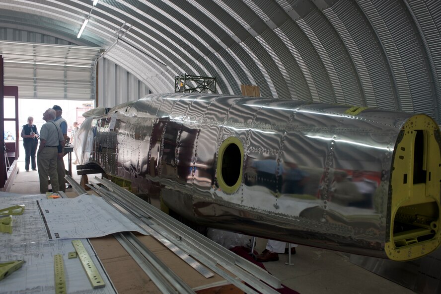 One of two XP-82 Twin Mustang fuselages sits uncovered in a warehouse in Douglas, Ga., Oct. 18, 2011. One of the challenges Tom Reilly, owner of the B-25 Group, faced when restoring this P-82 was finding parts for the rare aircraft. Reilly bought a counter-rotating Rolls-Royse Merlin aircraft engine from a man who came across the engine, which was sitting brand-new in a garage in Mexico City. (U.S. Air Force photo by Airman 1st Class Jarrod Grammel/Released)
