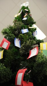 Tags are displayed on the Langley Angel Tree  in the  Exchange lobby, at Langley Air Force Base, Va., Dec. 5, 2011. The tree is a part of an annual program that allows individuals to choose an tag with an underprivileged child’s wish list of gifts so they can buy gifts for the child during the holidays.  (U.S. Air Force photo by Airman 1st Class Teresa Cleveland/Released)