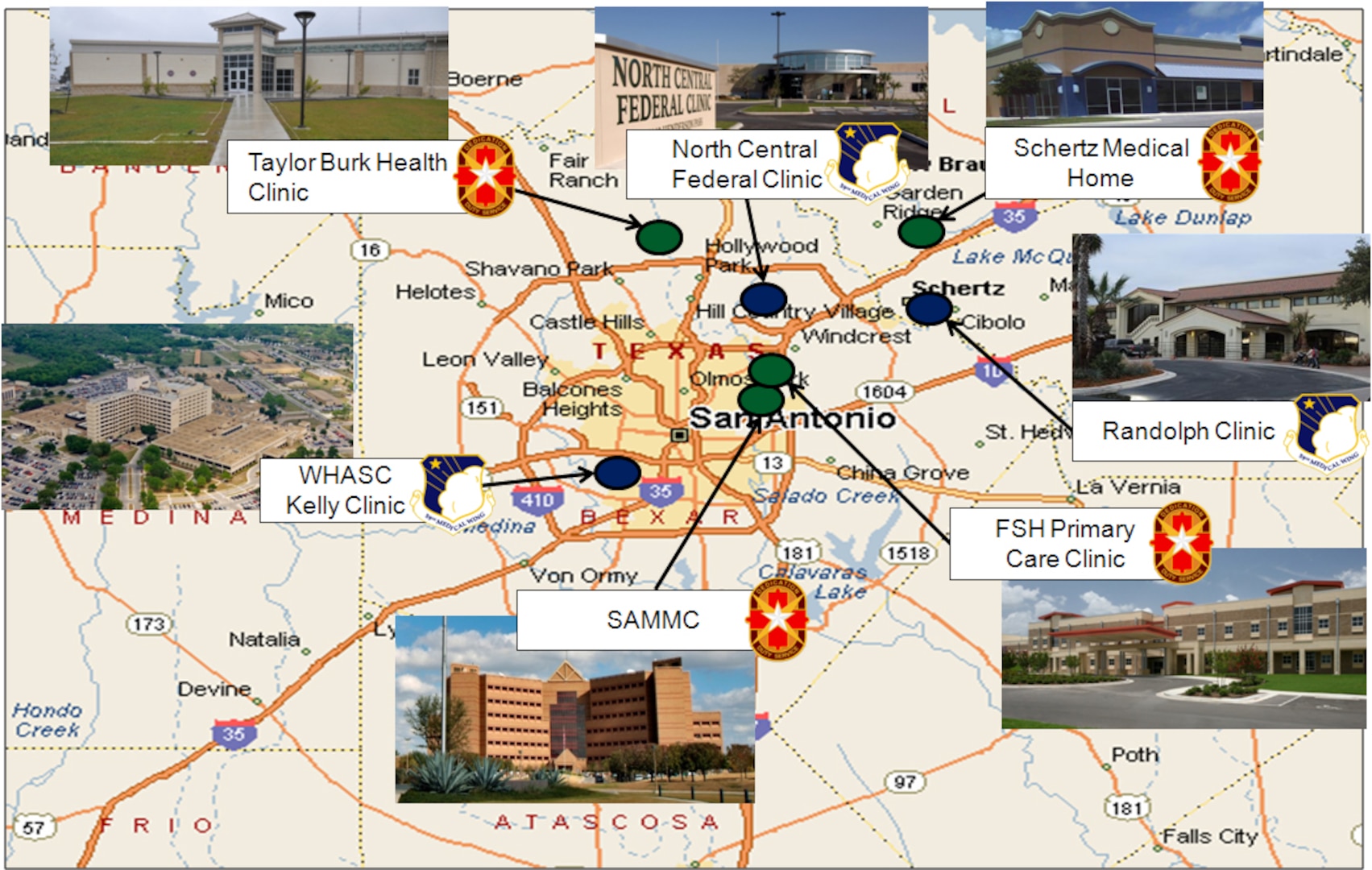 The San Antonio Military Health System provides oversight of all military health services within the San Antonio area. SAMHS includes over 9,000 healthcare workers in 10 facilities, supporting over 230,000 beneficiaries, and providing over 100 specialty services with over a $1 billion economic impact to the San Antonio community. (U.S. Air Force illustration)
