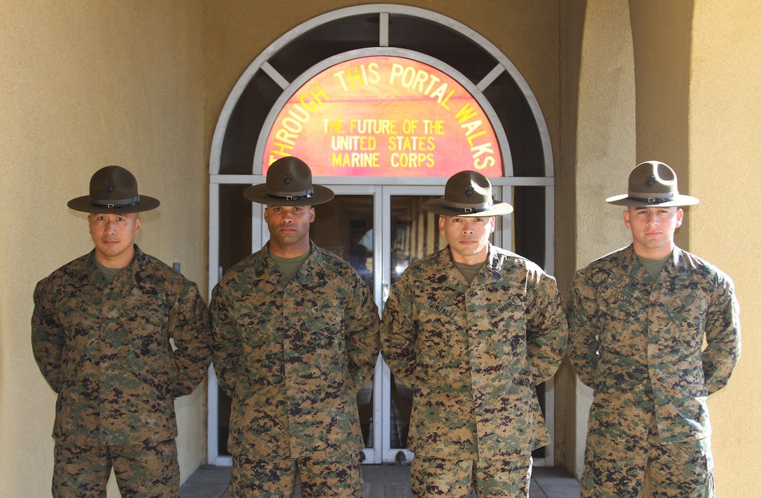 Gunnery Sgt. Jimmy Richard, drill master, 2nd Battalion received the Commandant of the Marine Corps Drill Instructor of the year award for 2011 and serves side-by-side at Marine Corps Recruit Depot San Diego with Sgt. Maj. Peter Siaw, sergeant major, 2nd Bn., Sgt. Maj. Edward Gonzalez, sergeant major, 3rd battalion and Staff Sgt. Michael Saldana, drill master, 1st Bn. who are all past receipients of the award. Drill instructors from Marine Corps Recruit Depot San Diego has won the award three consecutive years.