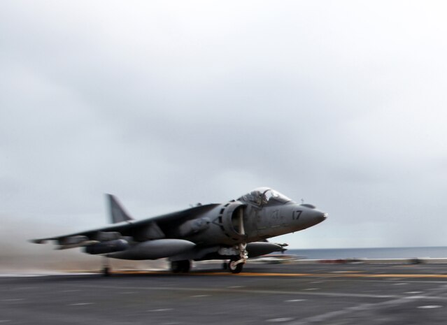 An AV-8B Harrier takes off from the flight deck of the USS Iwo Jima (LHD 7) to conduct a training flight Dec. 6, 2011. The AV-8B Harriers are a detachment from VMA-542 based at Marine Corps Air Station Cherry Point, N.C., and comprise part of Marine Medium Tiltrotor Squadron VMM-261 (Reinforced), which is the Aviation Combat Element for the 24th MEU.  The 24th MEU is currently taking part in Composite Training Unit Exercise (COMPTUEX), scheduled to take place Nov. 28 to Dec. 21. The training is meant to develop cohesion between the 24th MEU and Amphibious Squadron 8 (PHIBRON 8) in conducting amphibious operations, crisis response, and limited contingency operations while operating from the sea.