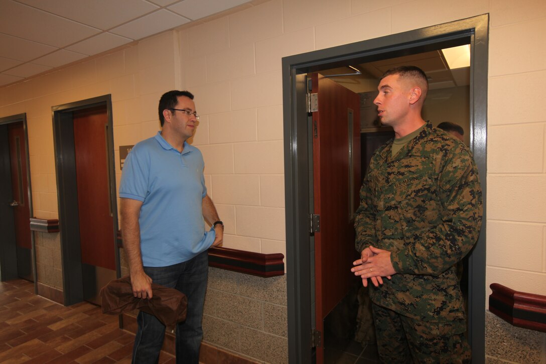 Jared Fogle, the spokesman of Subway restaurants speaks to Marines at Wounded Warrior Battalion-East on Marine Corps Base Camp Lejeune Dec. 7. Fogle enjoys visiting service members, and appreciates their sacrifices.::r::::n::  (Official U.S. Marine Corps Photo by Pfc. Jackeline M. Perez Rivera)::r::::n::